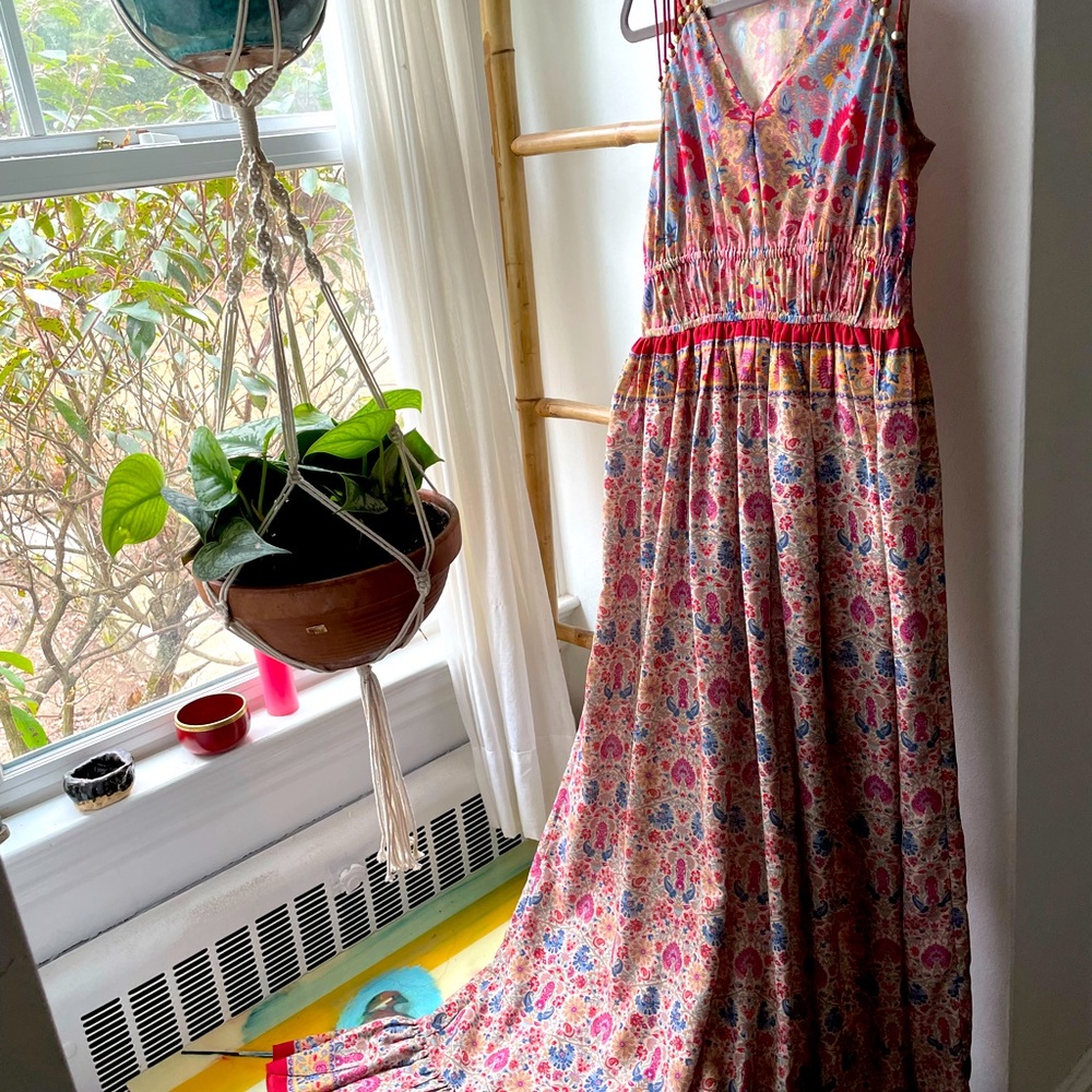Lovely Ranna Gill maxi dress with gorgeous red straps with gold beads